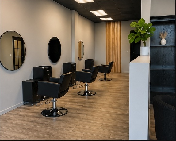 Element Studio styling stations with wood slat accent wall in Kansas City Northland